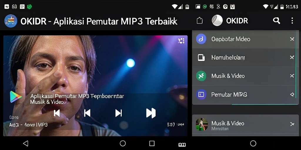 Tampilan antarmuka aplikasi Pemutar MP3 OKIDR yang modern dan mudah digunakan.